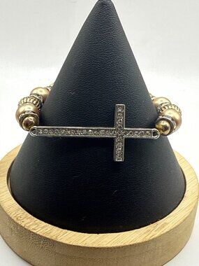 Vintage Rhinestone Sideways Cross Pearl Stretch Bracelet Coquette Aesthetic